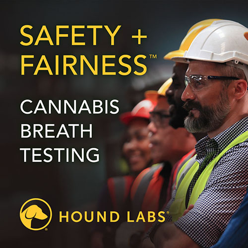 Construction worker with hard hat with Hound Labs Cannabis Breath Testing text